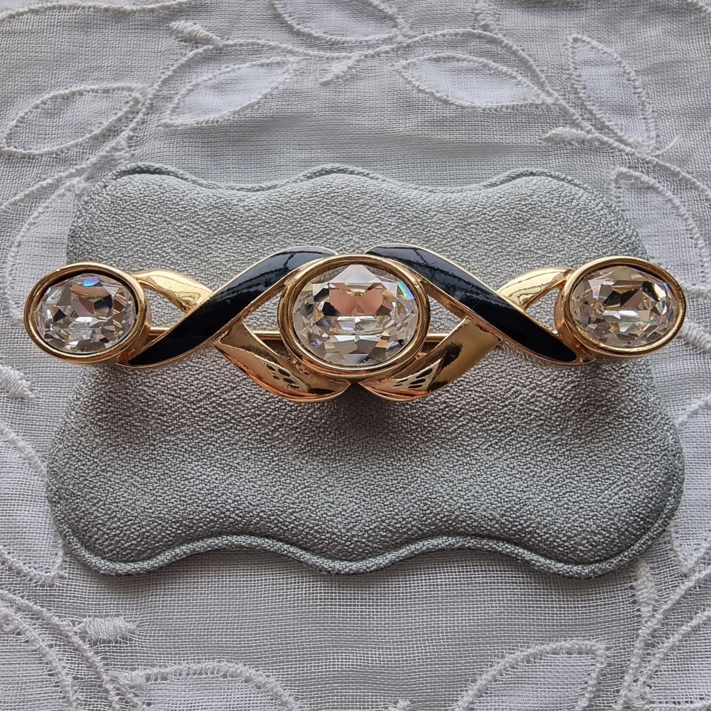 Brooch - Swarovski S.A.L. Black Enamel and Crystals Ribbon Bar Brooch