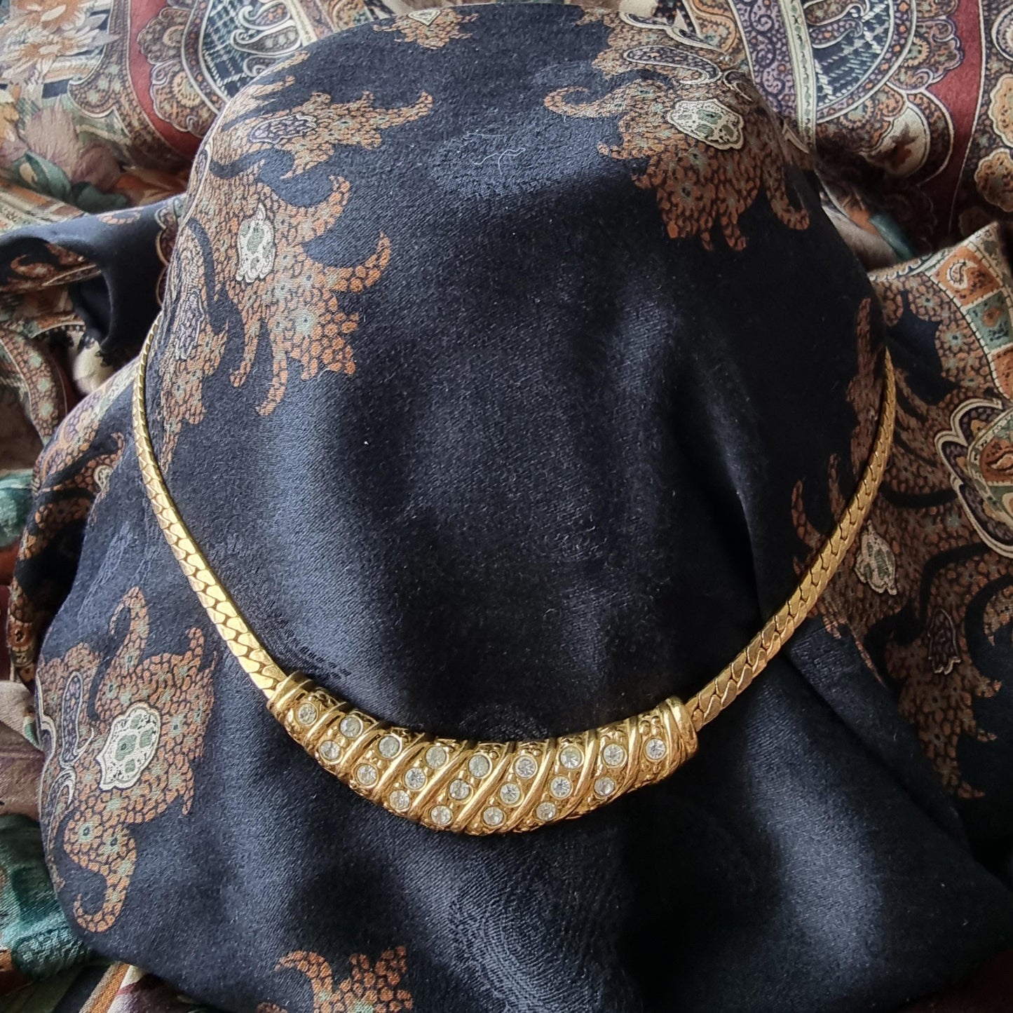 Necklace - Gold and Clear Crystals Small Bib Necklace