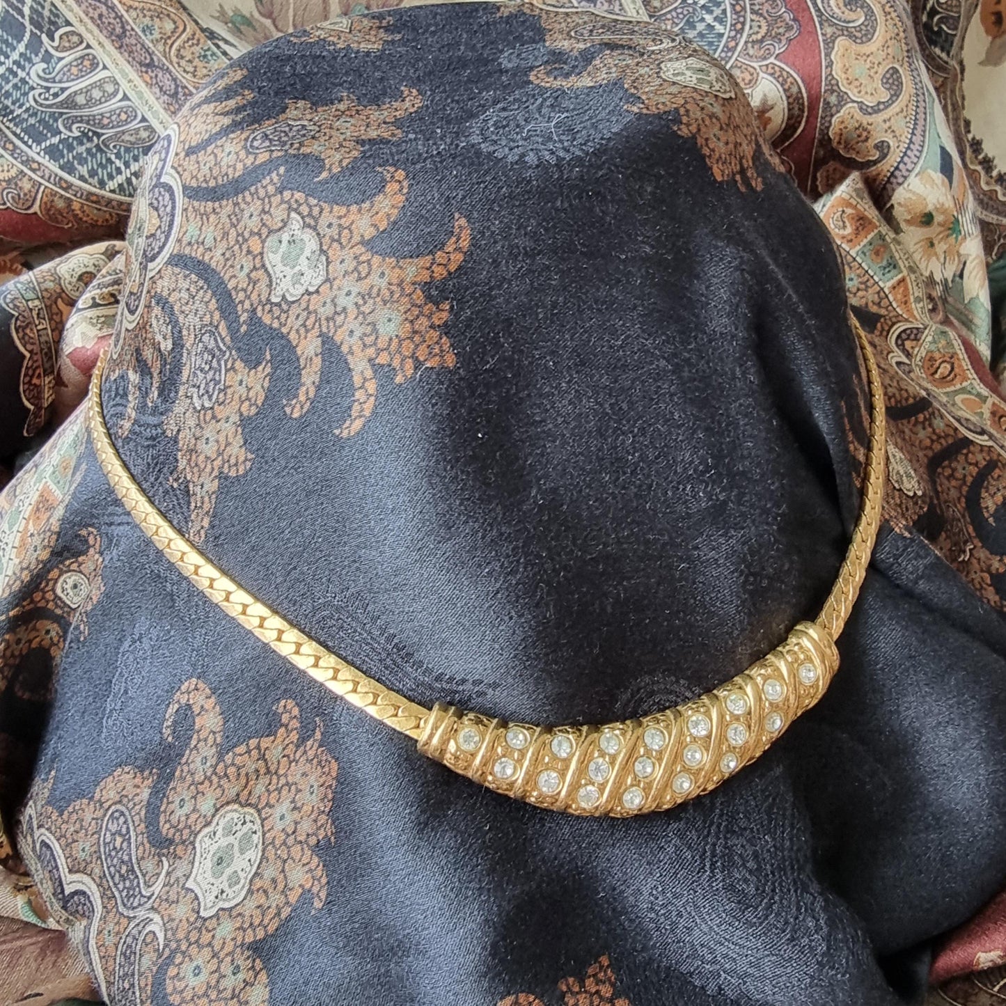 Necklace - Gold and Clear Crystals Small Bib Necklace