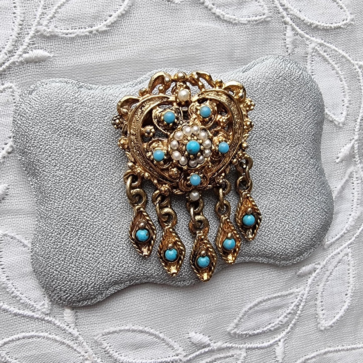 Brooch - Gold Heart Seed Pearl and Turquoise Drops Pendant Brooch