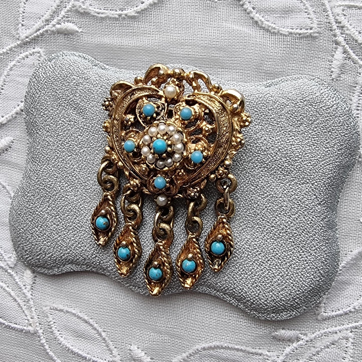 Brooch - Gold Heart Seed Pearl and Turquoise Drops Pendant Brooch