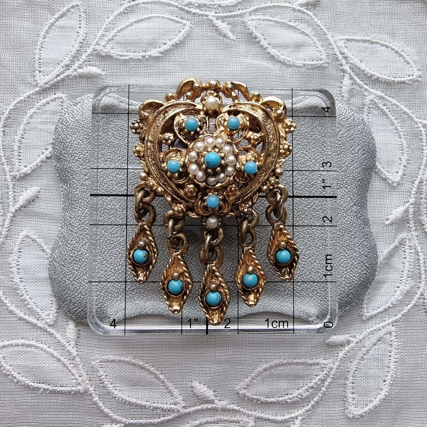 Brooch - Gold Heart Seed Pearl and Turquoise Drops Pendant Brooch