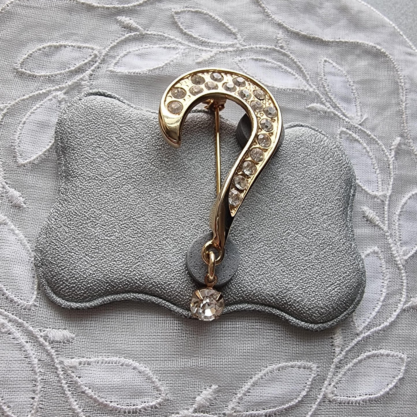 Brooch - Gold and Clear Crystals Drop Question Mark Brooch