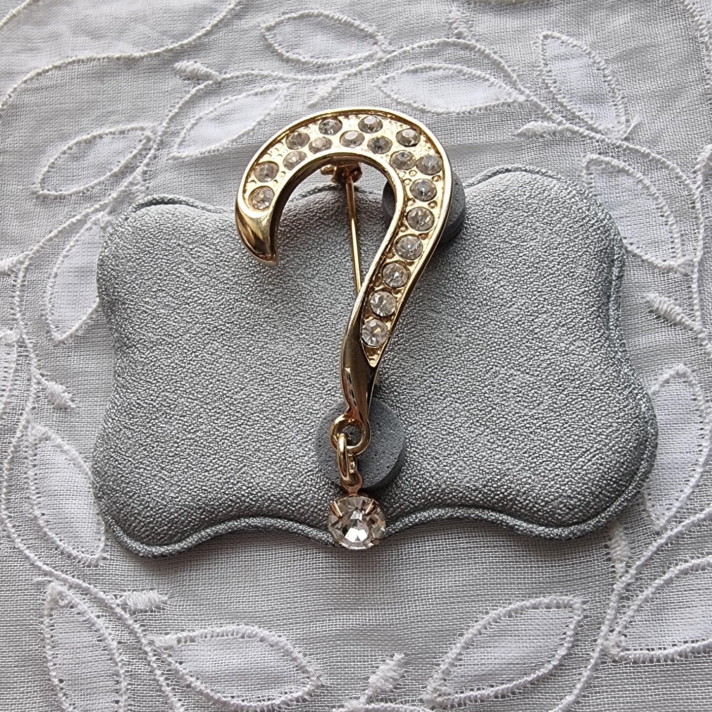 Brooch - Gold and Clear Crystals Drop Question Mark Brooch