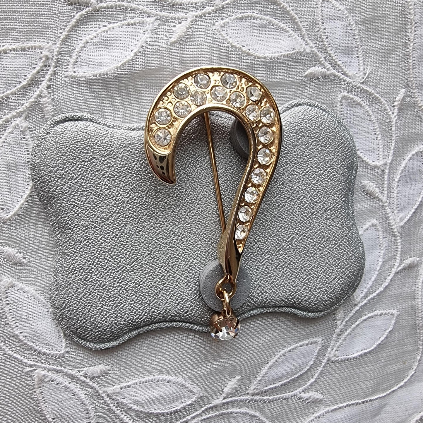 Brooch - Gold and Clear Crystals Drop Question Mark Brooch