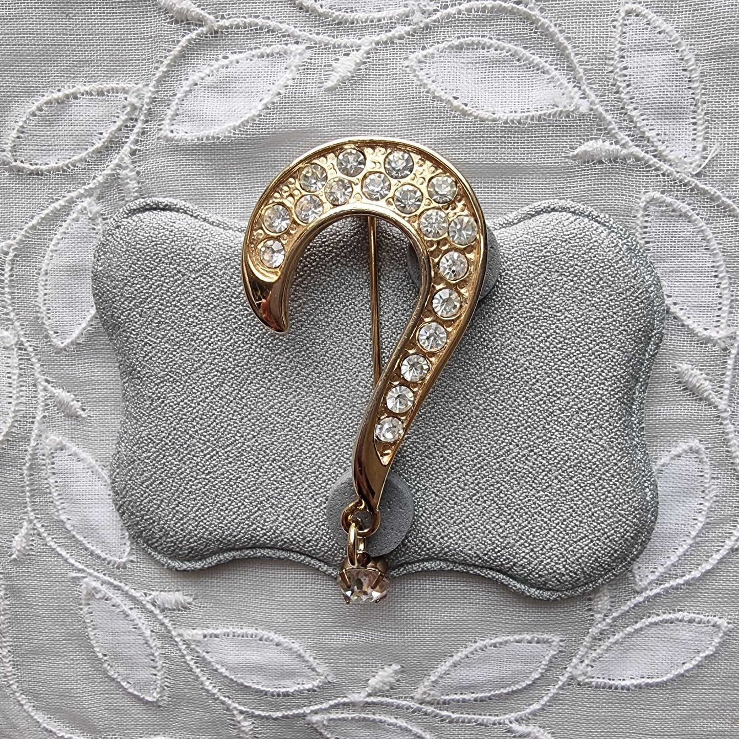 Brooch - Gold and Clear Crystals Drop Question Mark Brooch