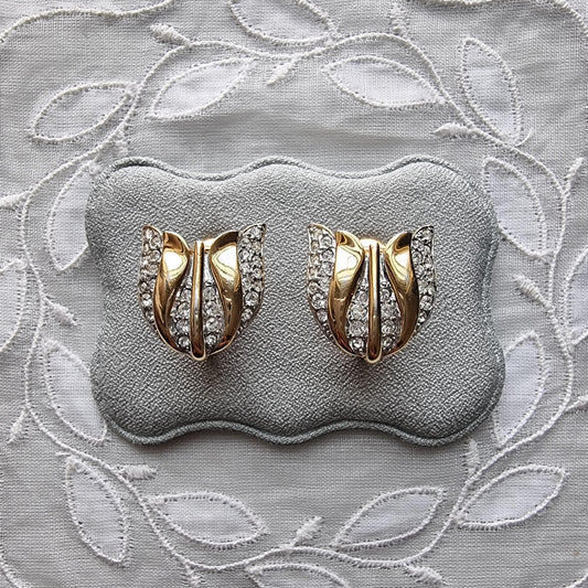 Clip on - Monet Gold and Crystals Flower Clip on Earrings