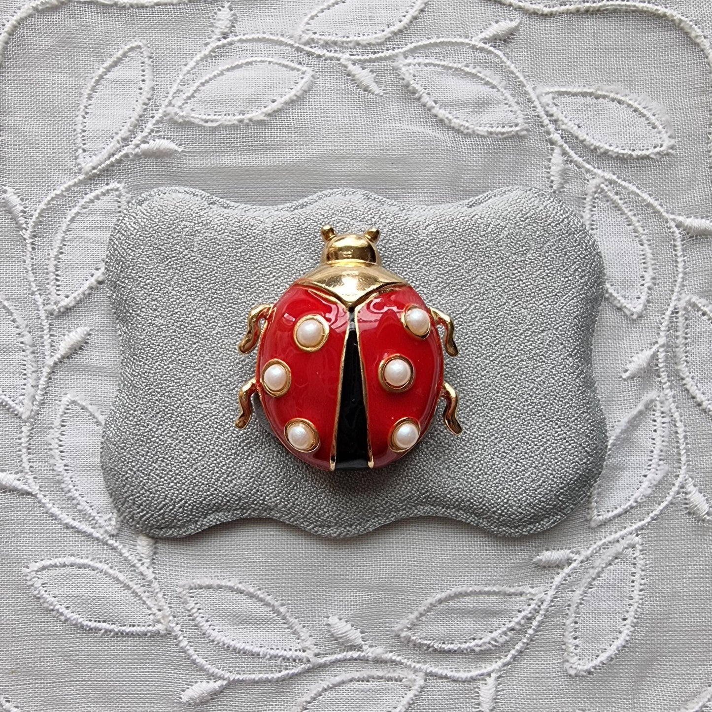 Brooch - Marvella Black and Red Enamel Faux Pearls Ladybird Brooch