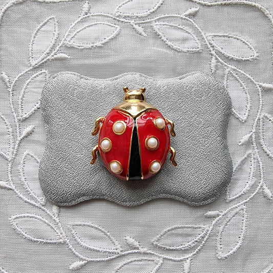Brooch - Marvella Black and Red Enamel Faux Pearls Ladybird Brooch