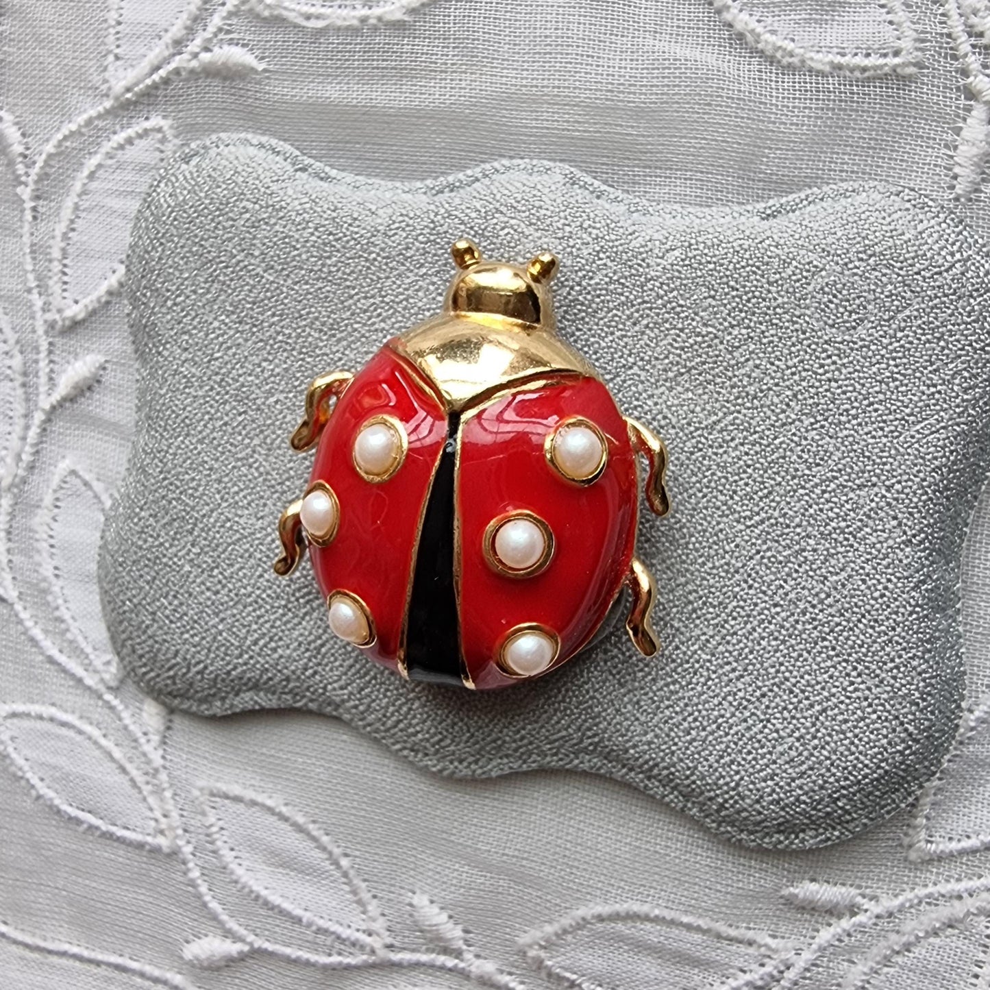 Brooch - Marvella Black and Red Enamel Faux Pearls Ladybird Brooch