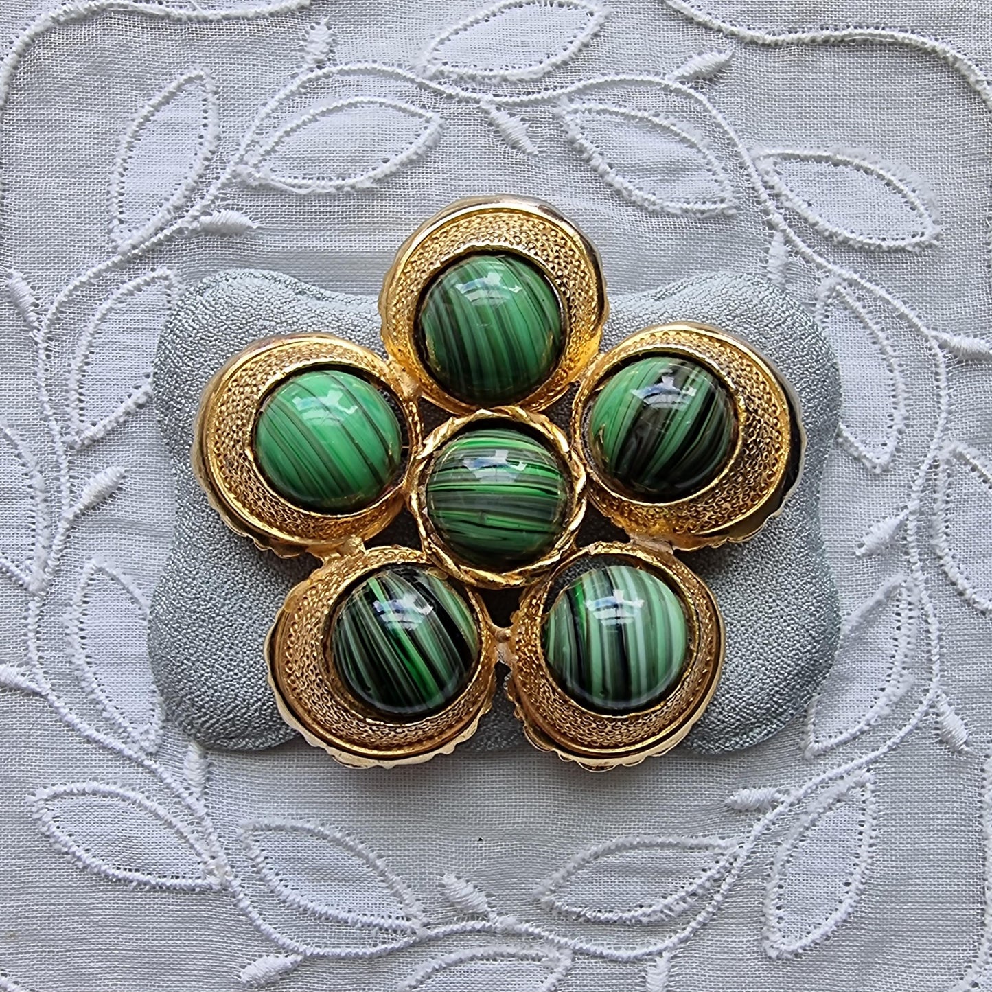 Brooch - Hollywood Malachite Glass Cabochons flower Brooch