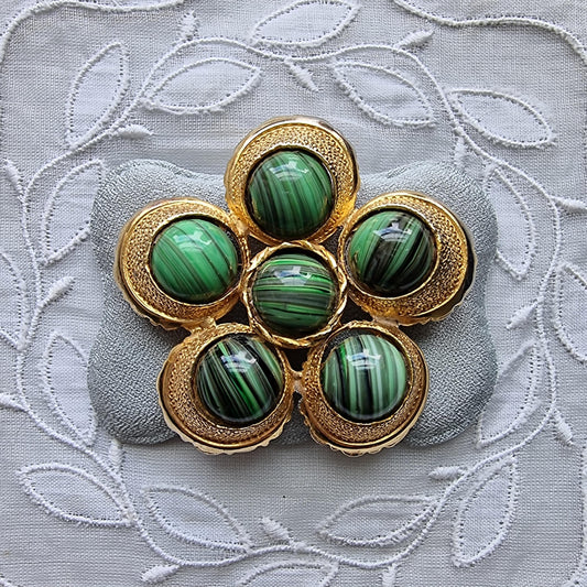 Brooch - Hollywood Malachite Glass Cabochons flower Brooch