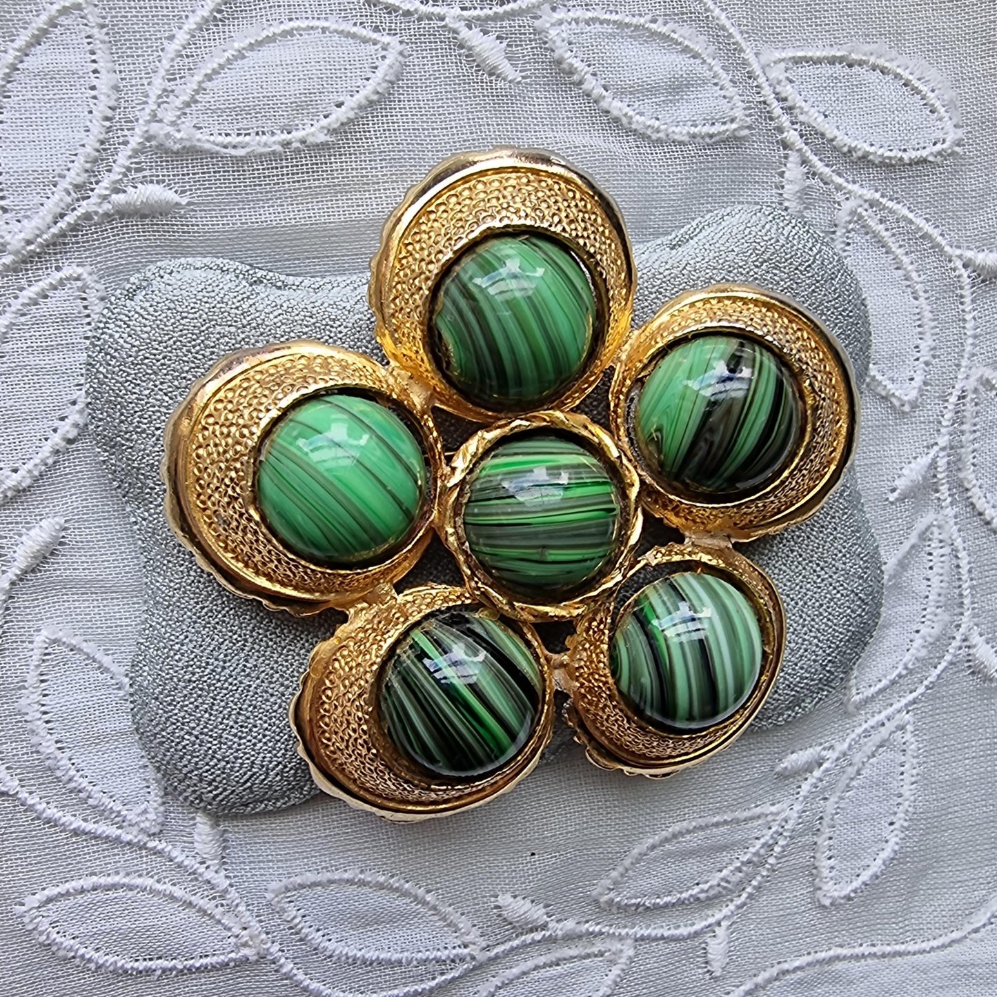Brooch - Hollywood Malachite Glass Cabochons flower Brooch