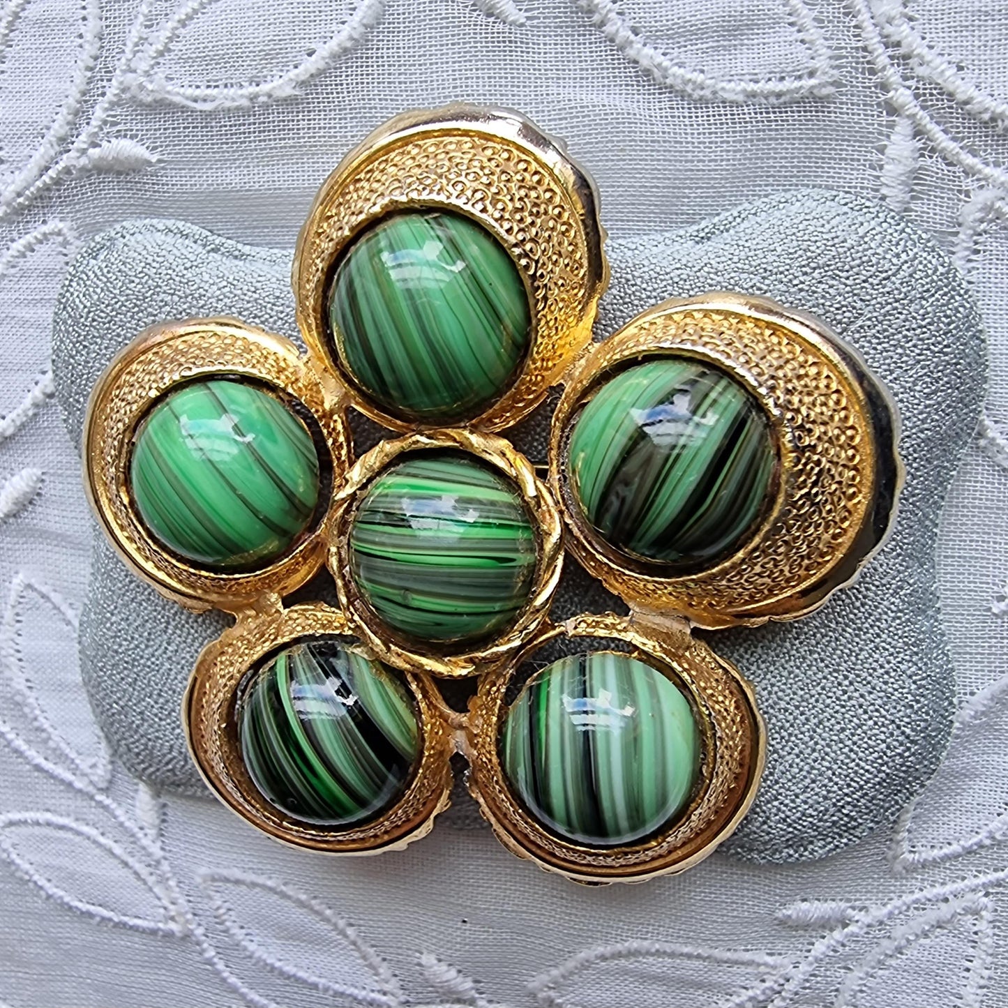 Brooch - Hollywood Malachite Glass Cabochons flower Brooch