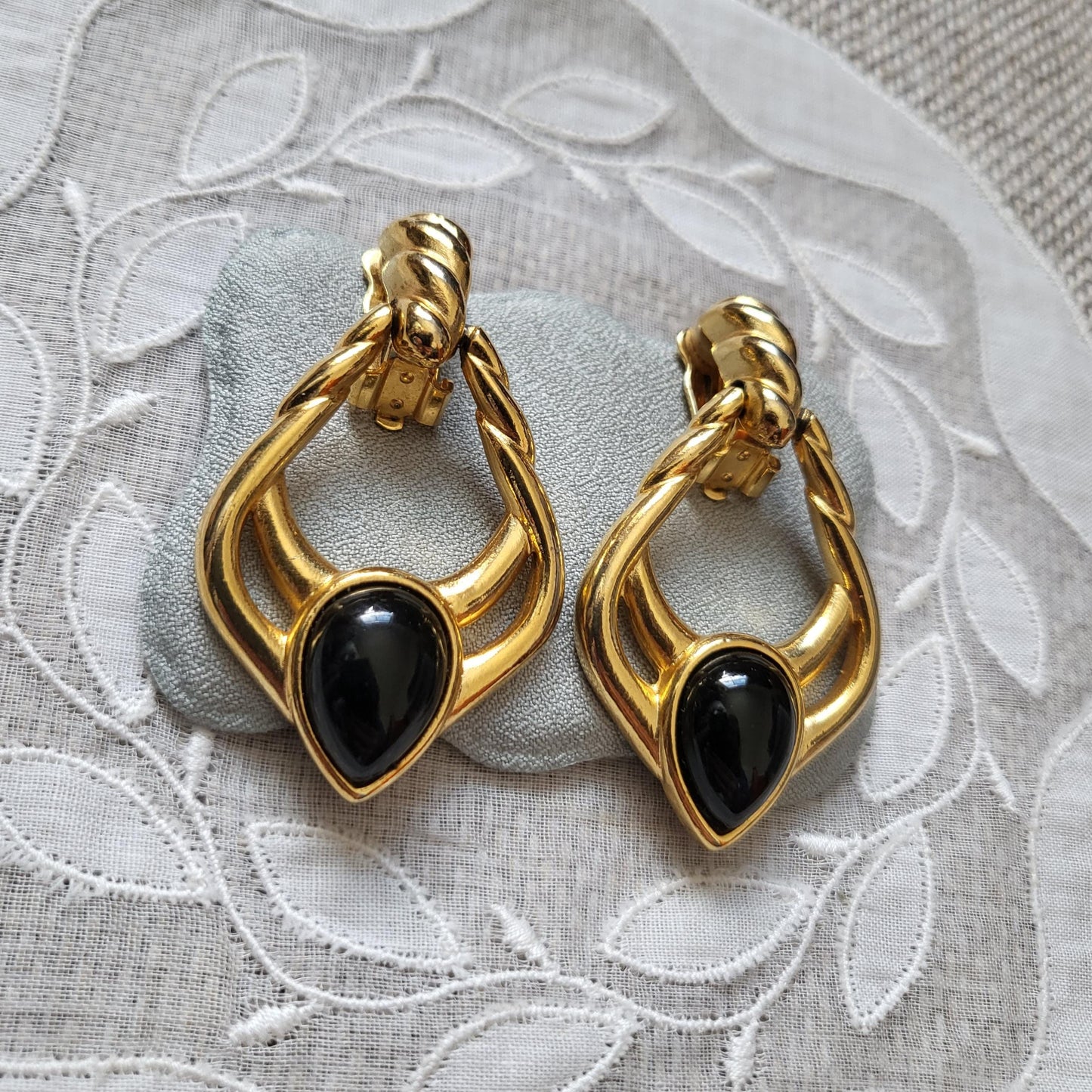 Clip on - Black Cabochon Gold Door Knocker Clip on Earrings