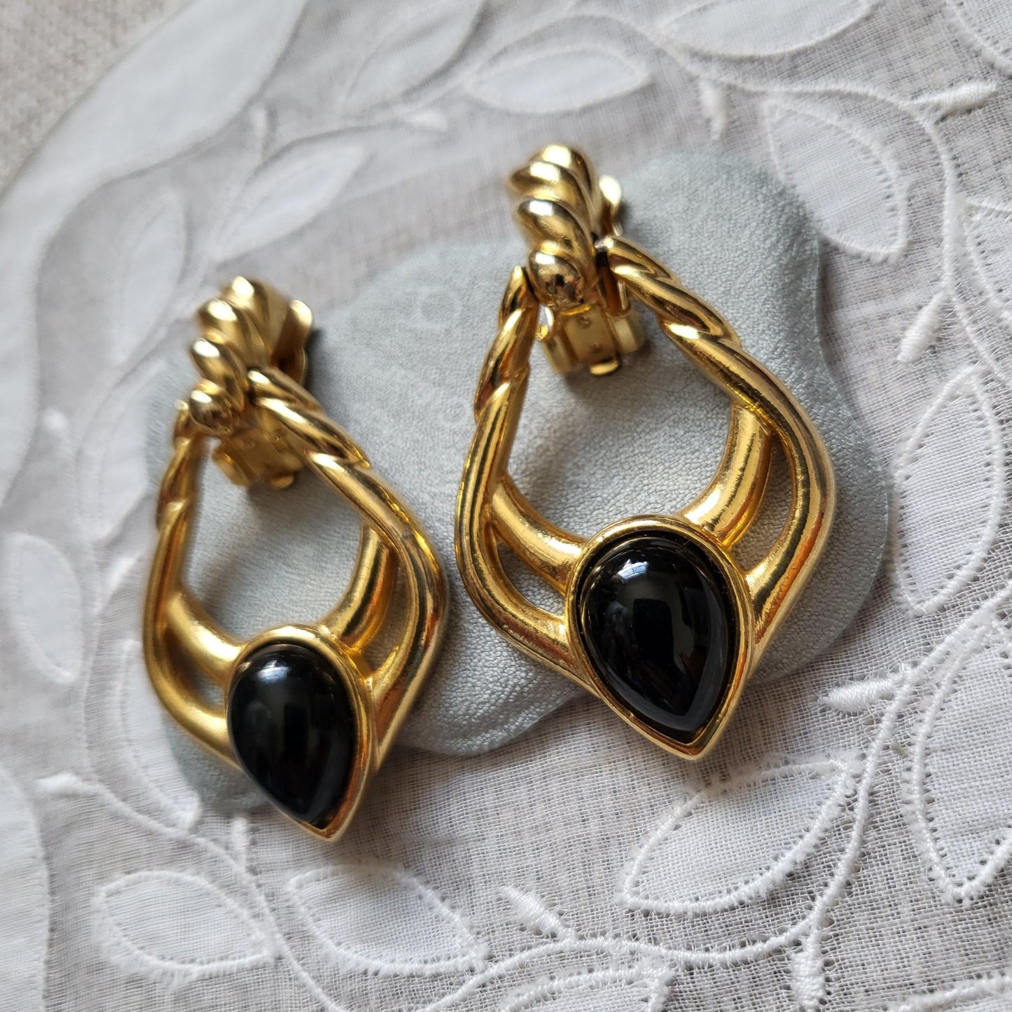 Clip on - Black Cabochon Gold Door Knocker Clip on Earrings