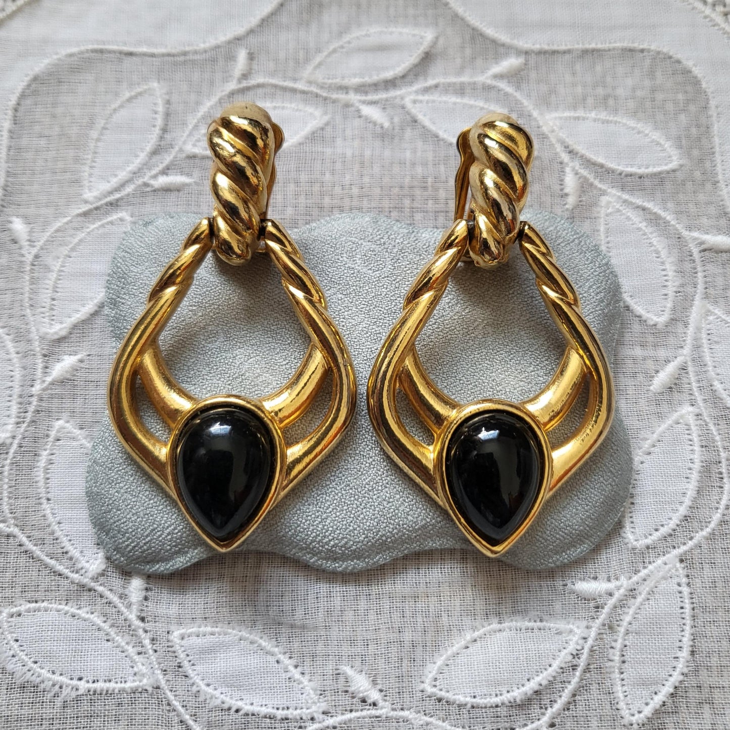 Clip on - Black Cabochon Gold Door Knocker Clip on Earrings