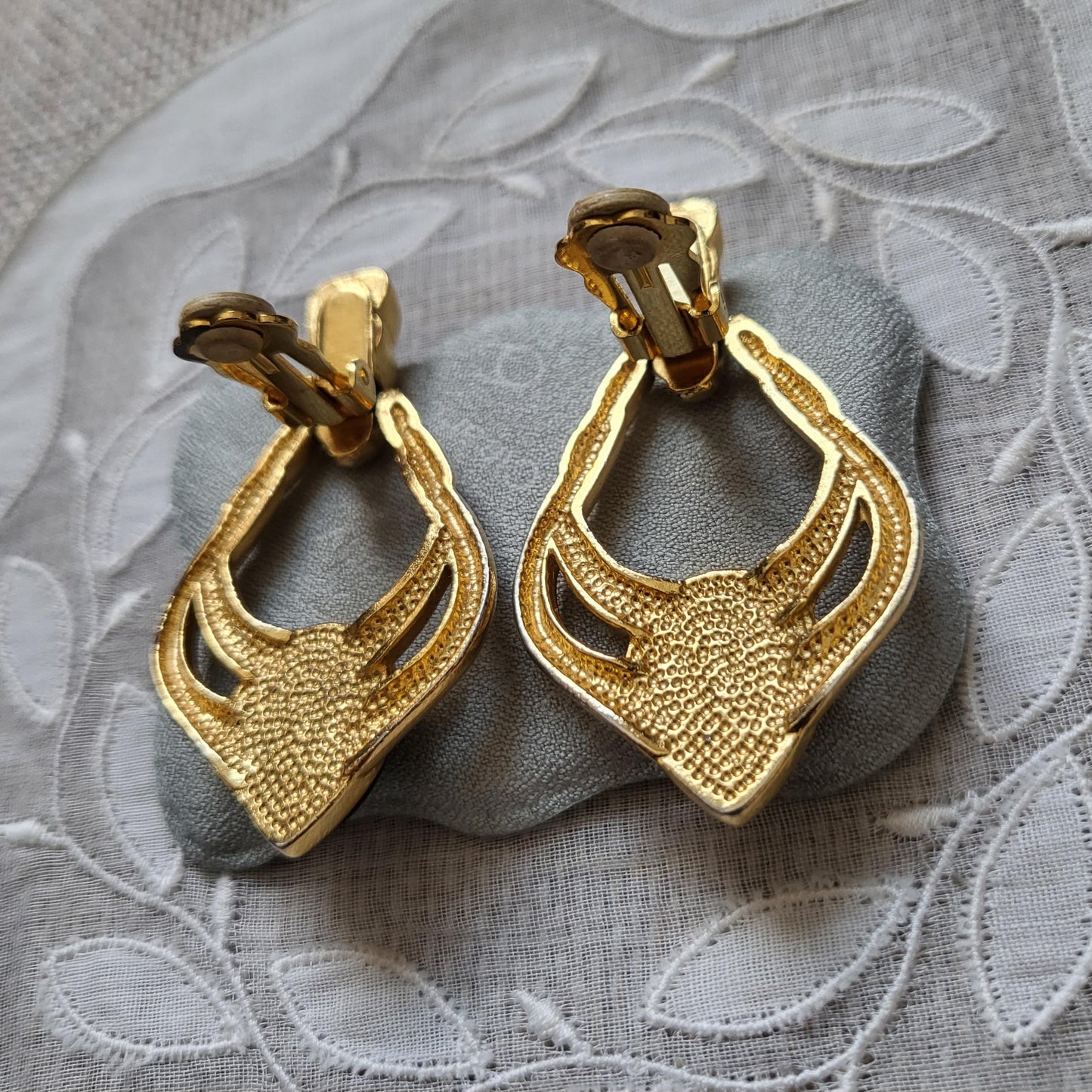 Clip on - Black Cabochon Gold Door Knocker Clip on Earrings