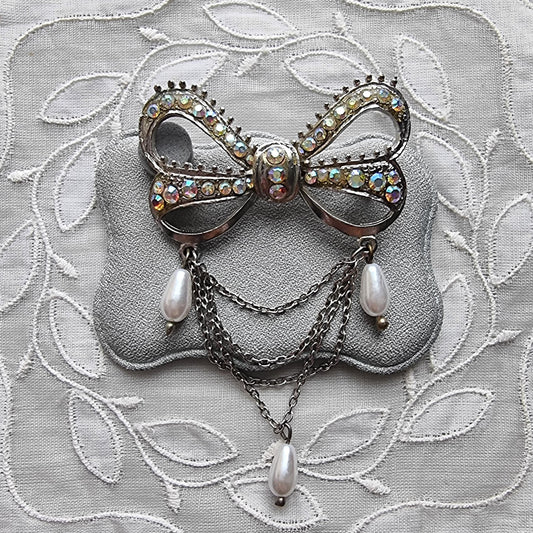 Brooch - Aurora Borealis Crystal Bow with Faux Pearl Chain Drops Brooch