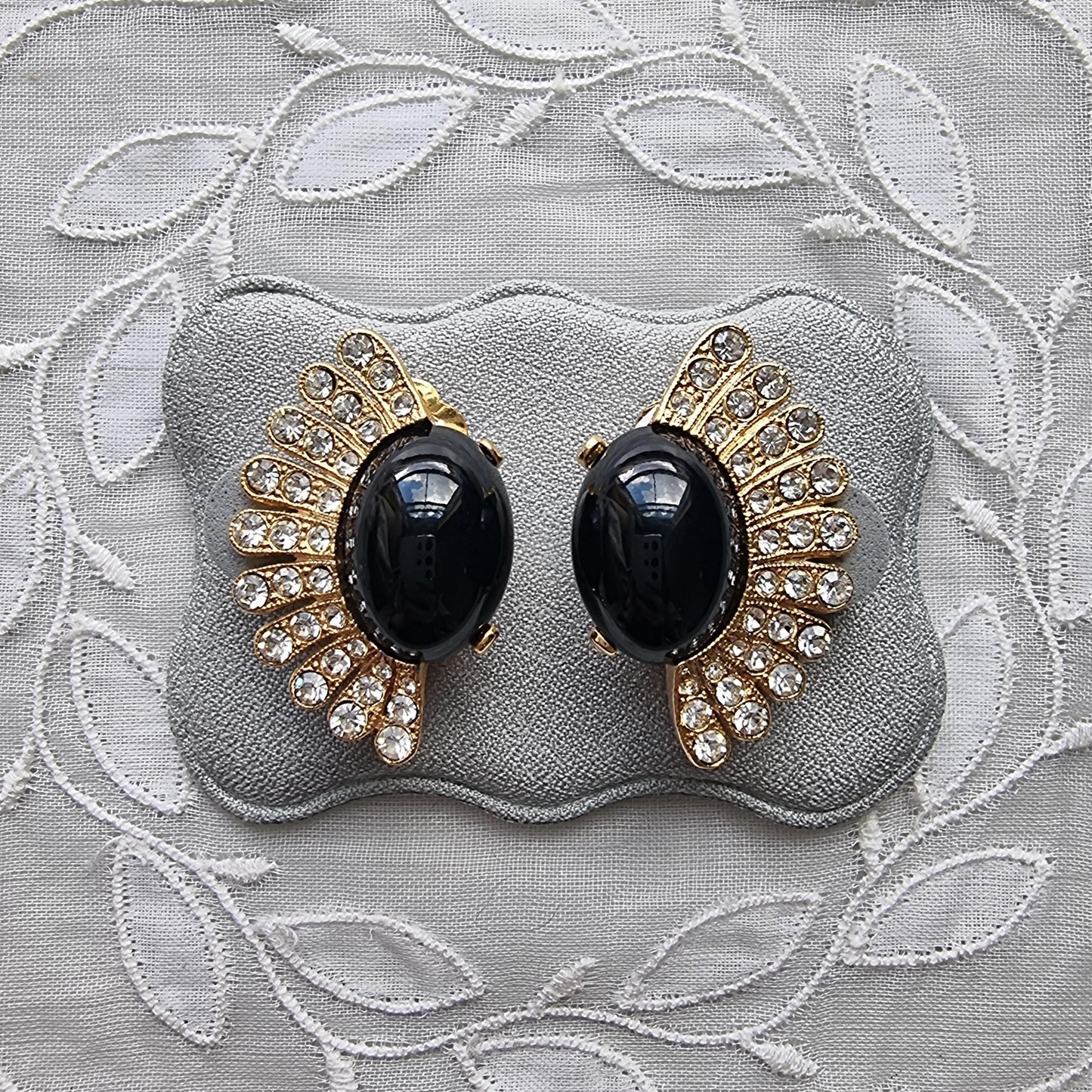 Clip on - Black Cabochon and Clear Crystals Clip On Earrings