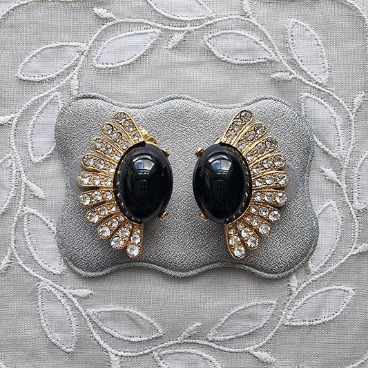 Clip on - Black Cabochon and Clear Crystals Clip On Earrings