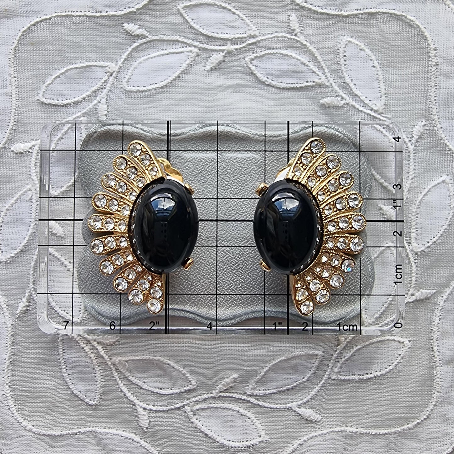 Clip on - Black Cabochon and Clear Crystals Clip On Earrings