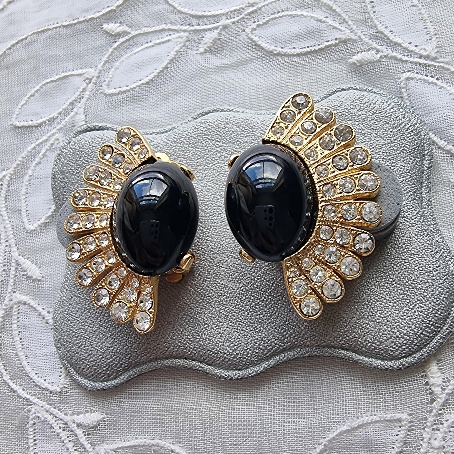 Clip on - Black Cabochon and Clear Crystals Clip On Earrings