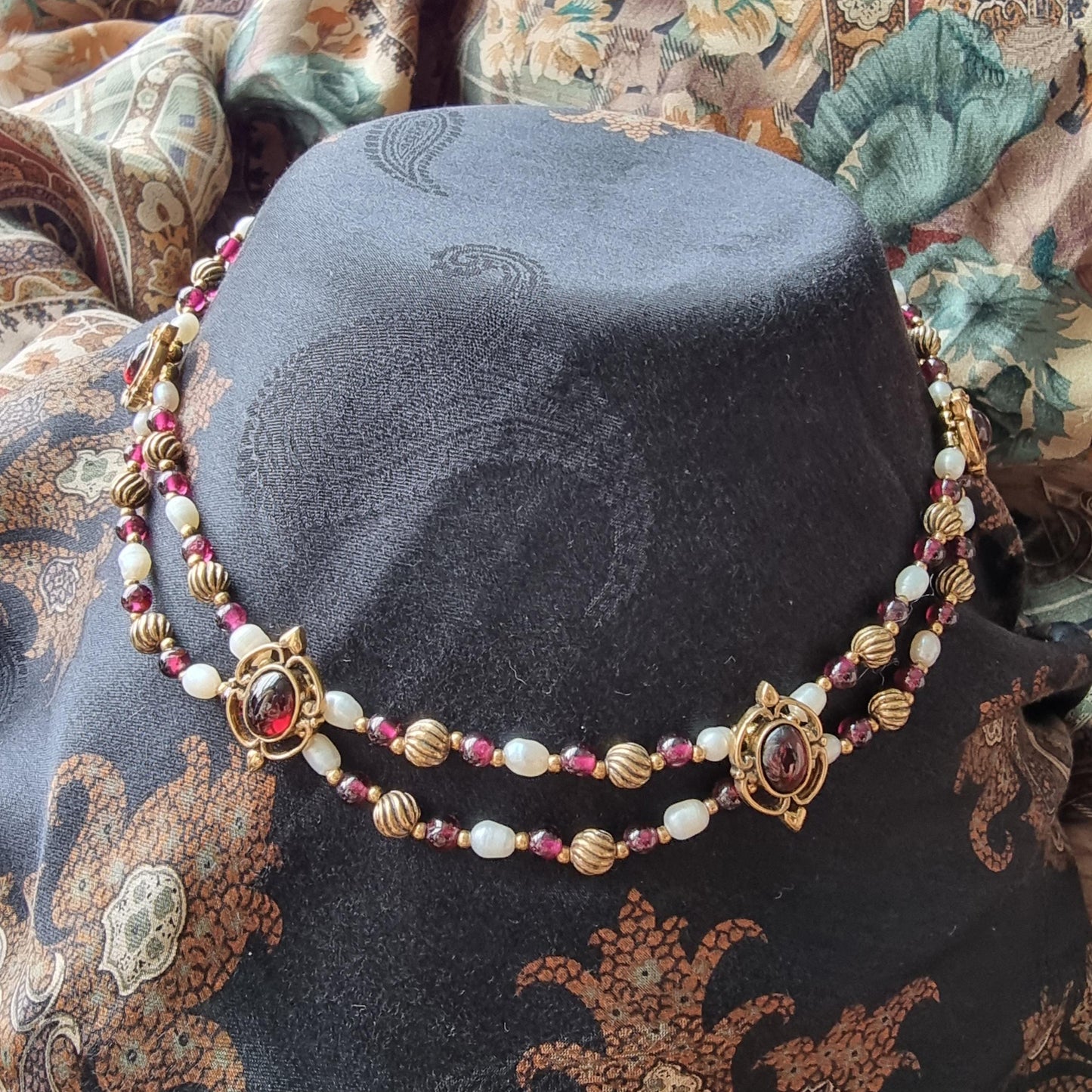 Set - Gold Freshwater Pearl and Garnet Beads Necklace and Garnet Earrings