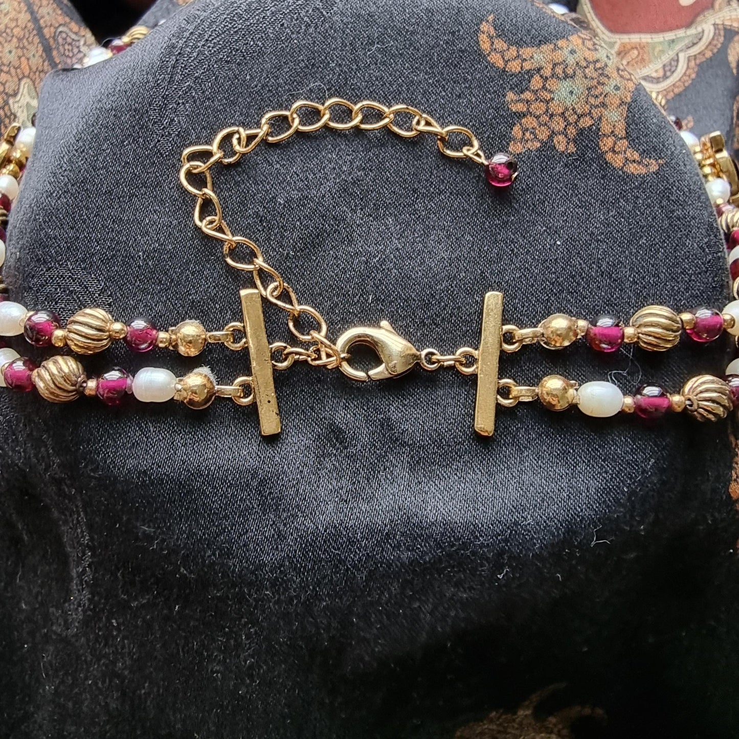 Set - Gold Freshwater Pearl and Garnet Beads Necklace and Garnet Earrings