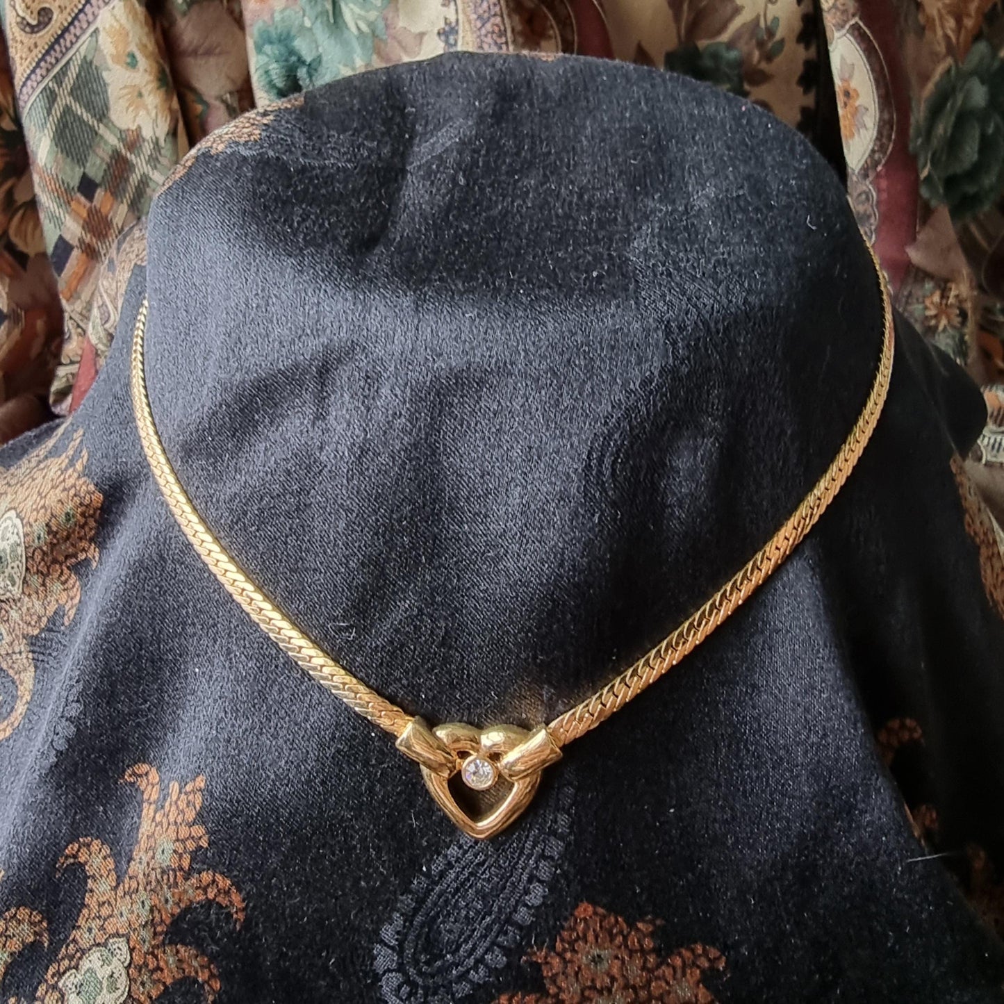 Necklace - Gold and Crystal Heart Flat Chain Necklace