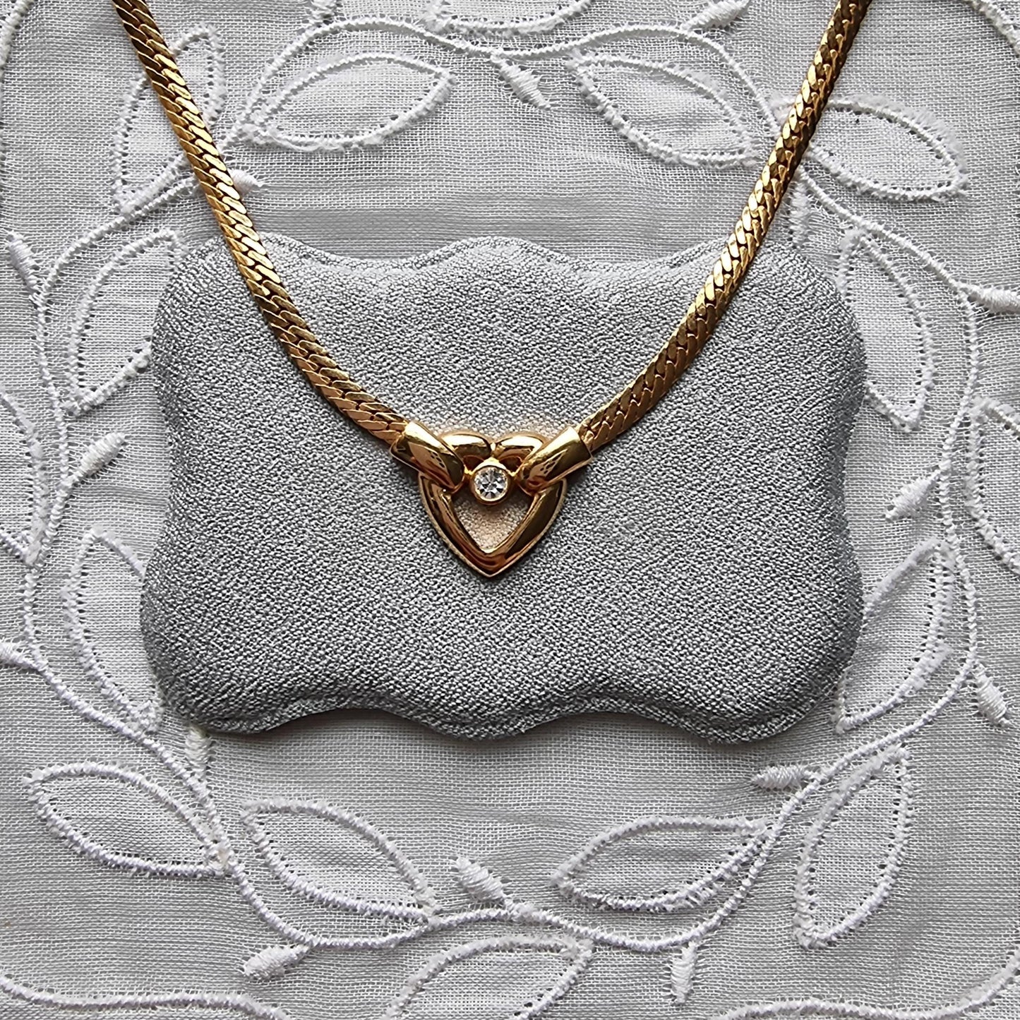 Necklace - Gold and Crystal Heart Flat Chain Necklace