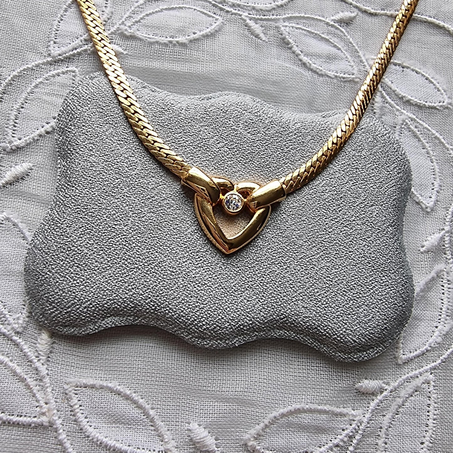 Necklace - Gold and Crystal Heart Flat Chain Necklace