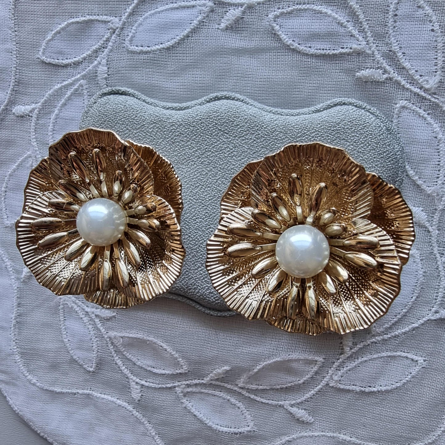 Posts - Big Gold Pearl Flower Stud Earrings