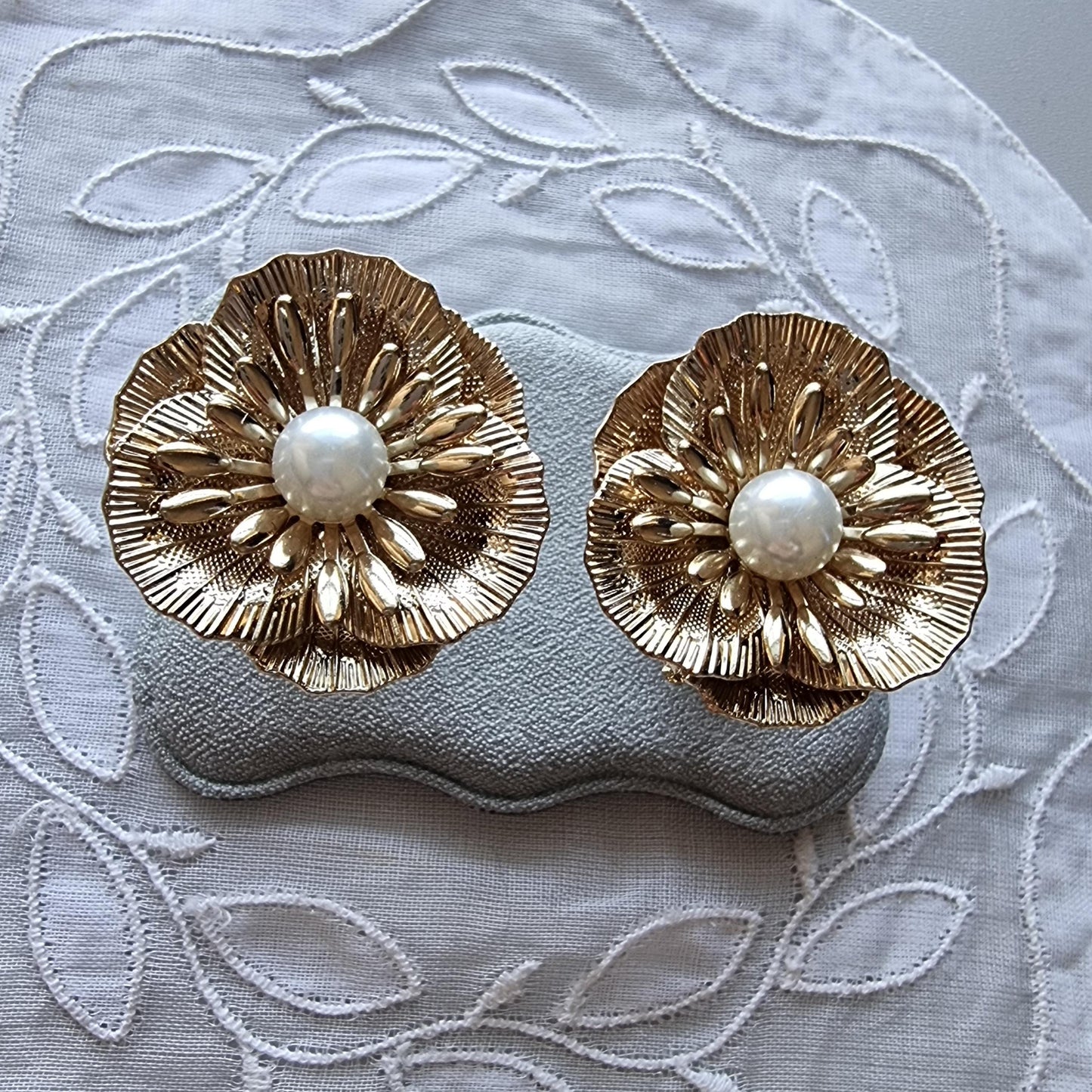 Posts - Big Gold Pearl Flower Stud Earrings