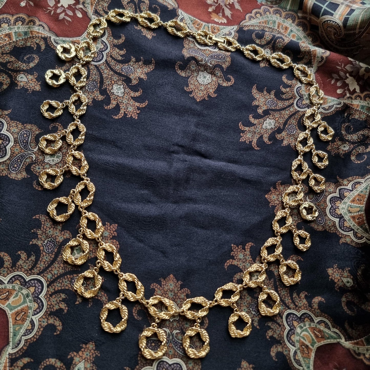 Necklace - Gold Textured Chain Link Drop Long Necklace