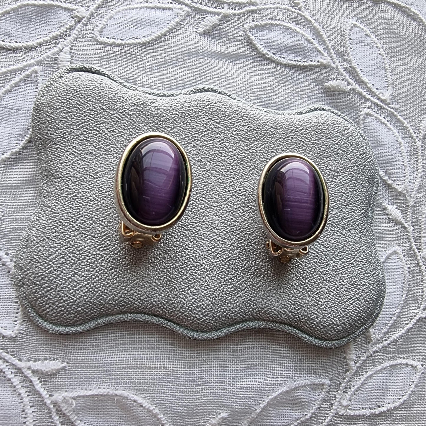Clip on - Purple Cats Eye Cabochon Clip on Earrings