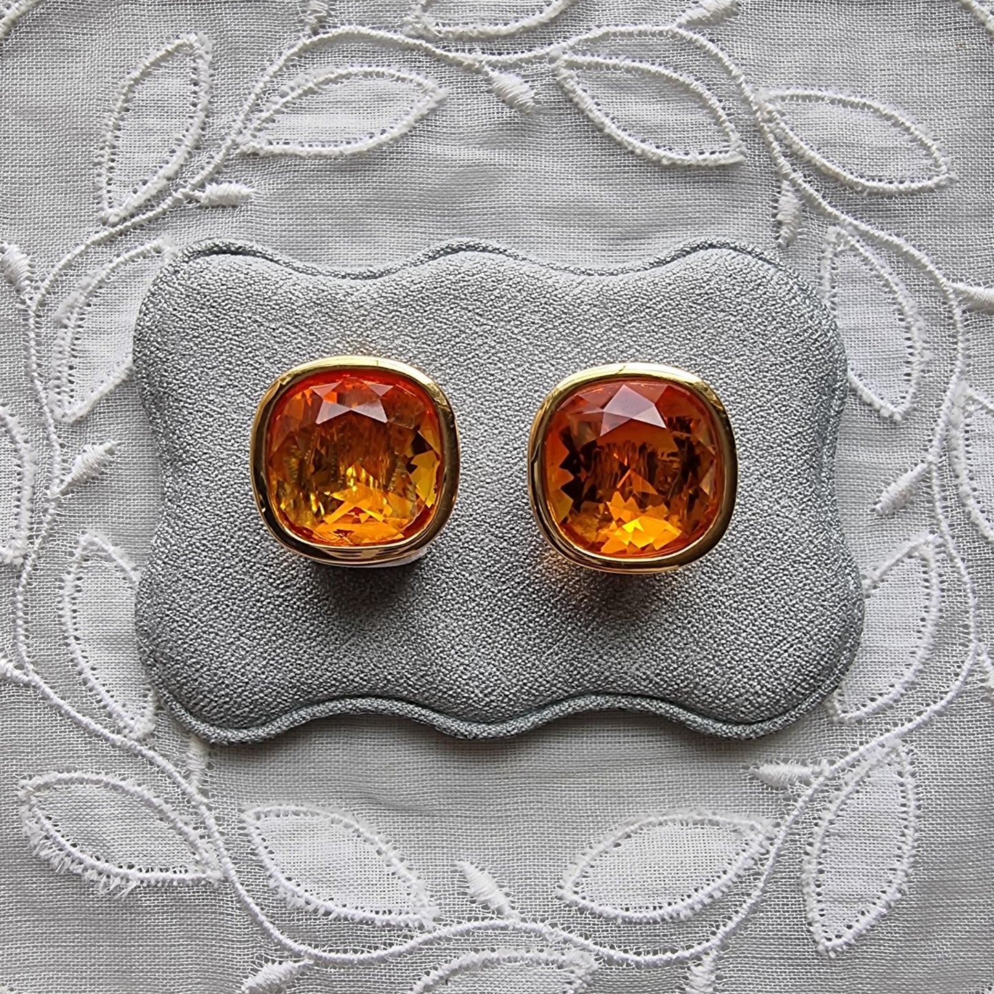Clip on - Swarovski Cushion Cut Orange Crystal Clip On Earrings