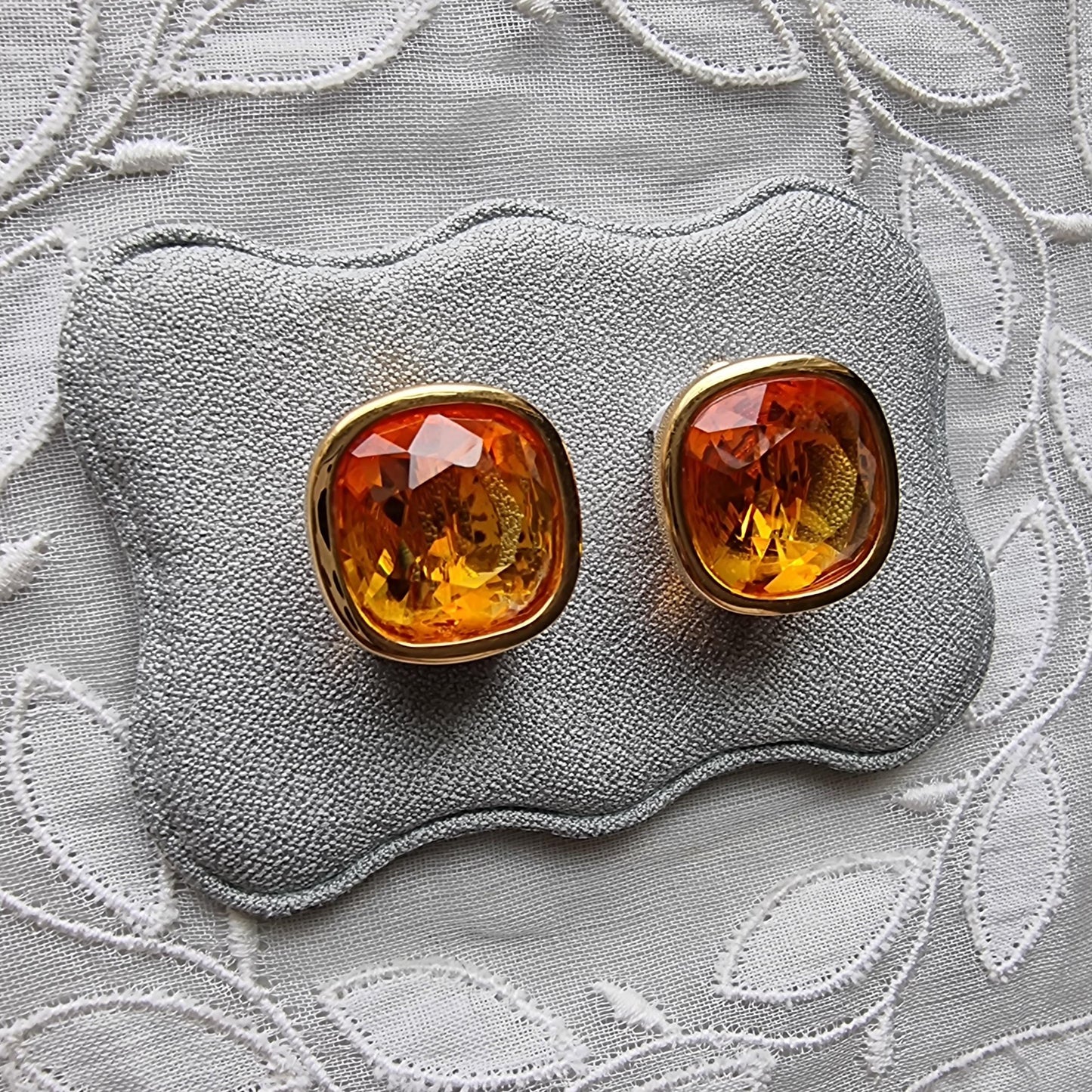 Clip on - Swarovski Cushion Cut Orange Crystal Clip On Earrings