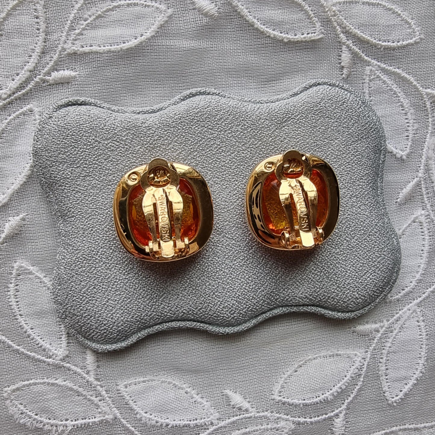 Clip on - Swarovski Cushion Cut Orange Crystal Clip On Earrings