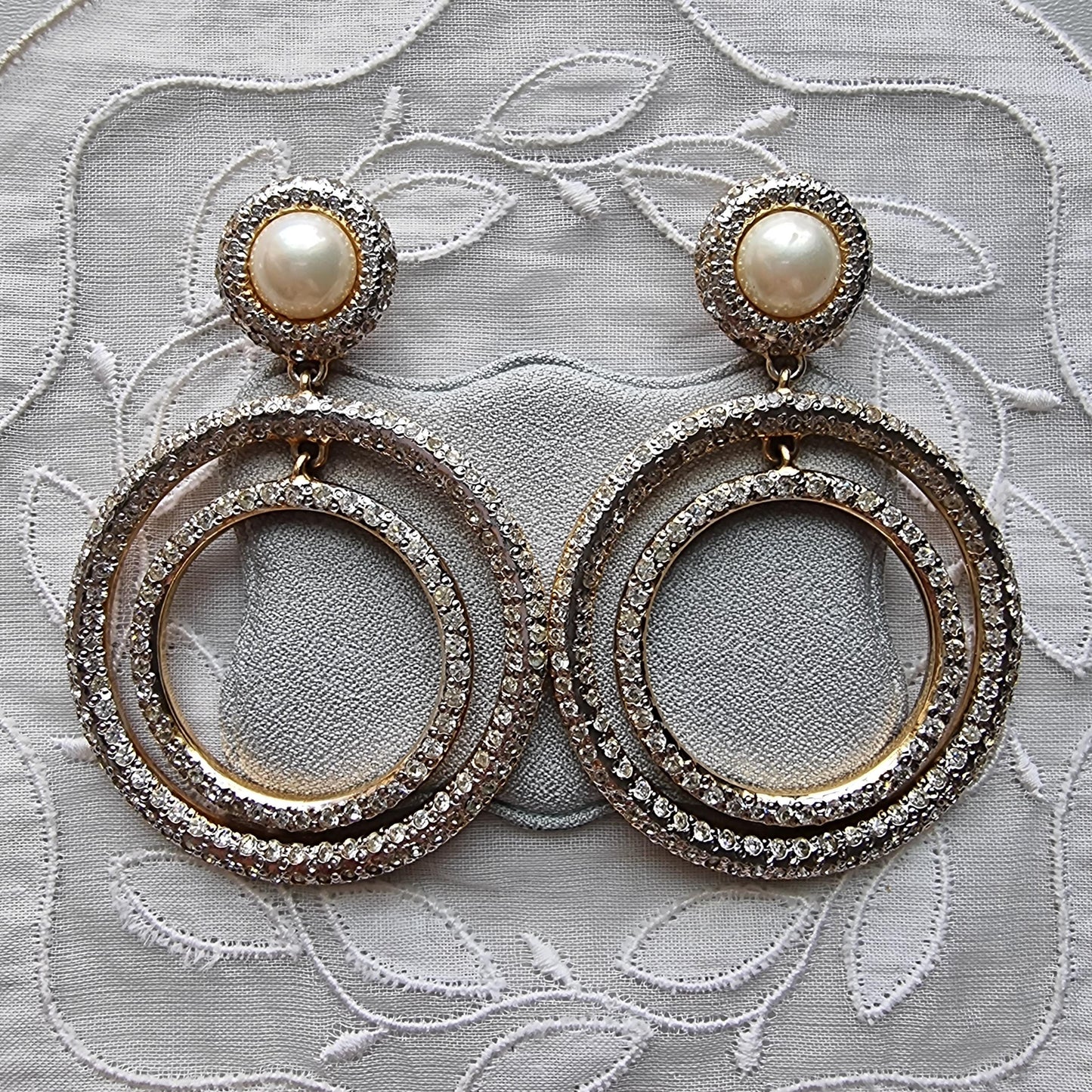 Clip on - Vogue Bijoux Faux Pearl and Clear Crystals Drop Statement Clip on Earrings