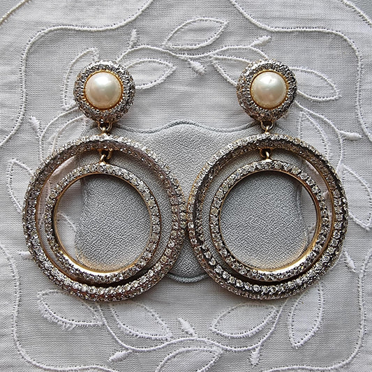 Clip on - Vogue Bijoux Faux Pearl and Clear Crystals Drop Statement Clip on Earrings