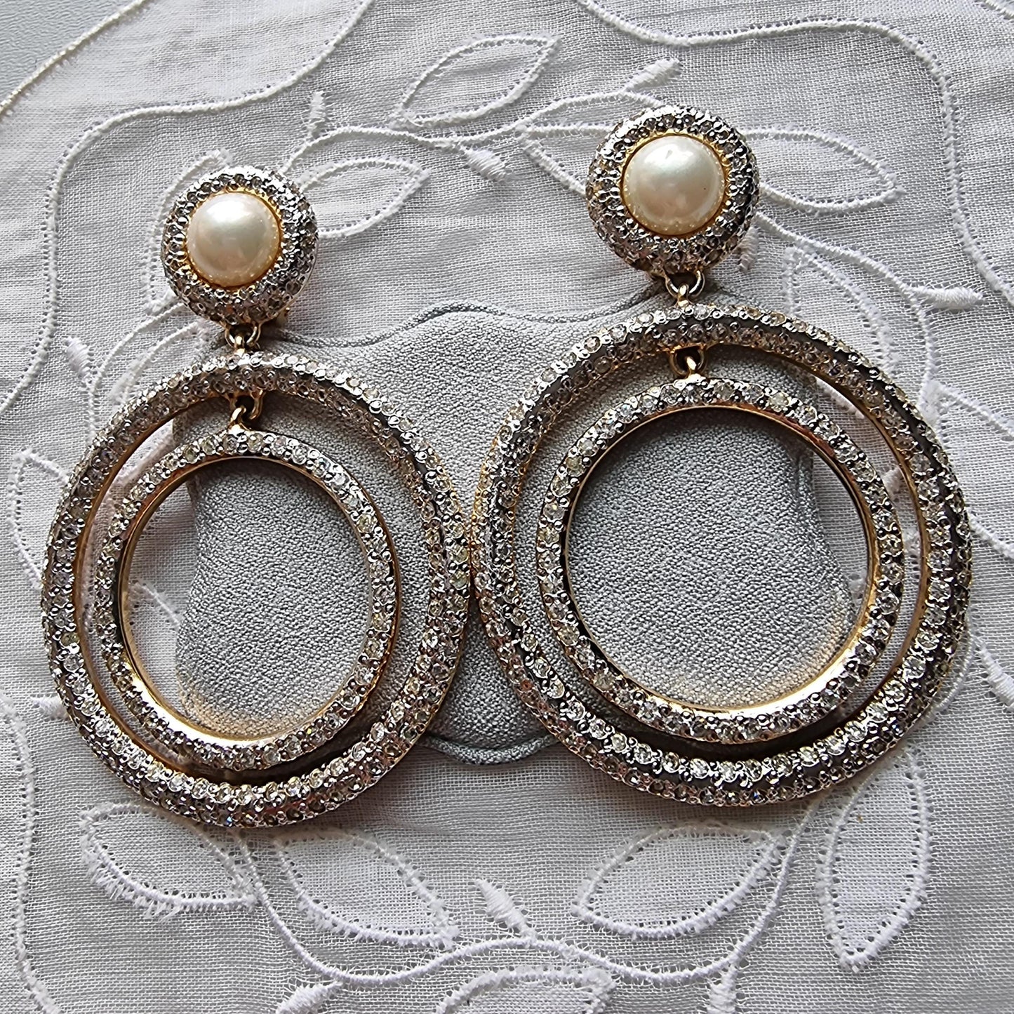 Clip on - Vogue Bijoux Faux Pearl and Clear Crystals Drop Statement Clip on Earrings