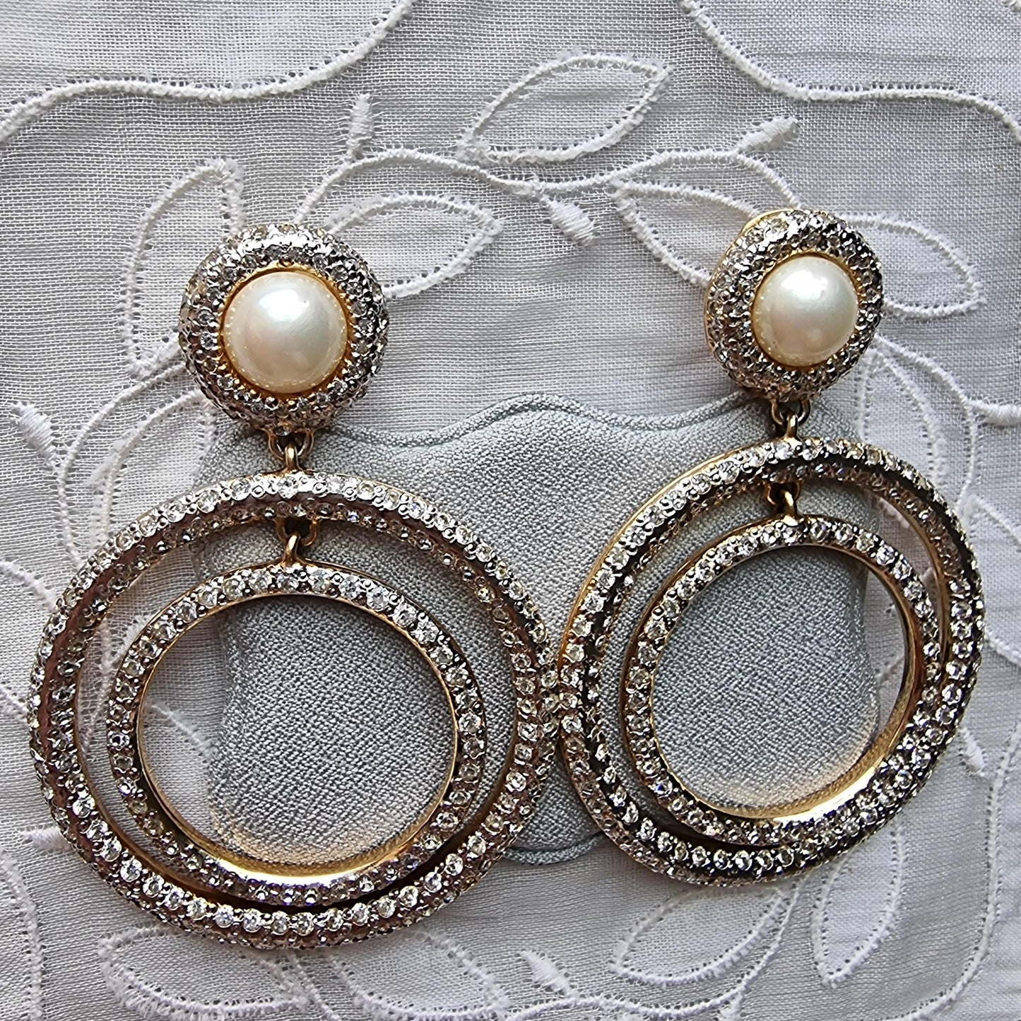 Clip on - Vogue Bijoux Faux Pearl and Clear Crystals Drop Statement Clip on Earrings