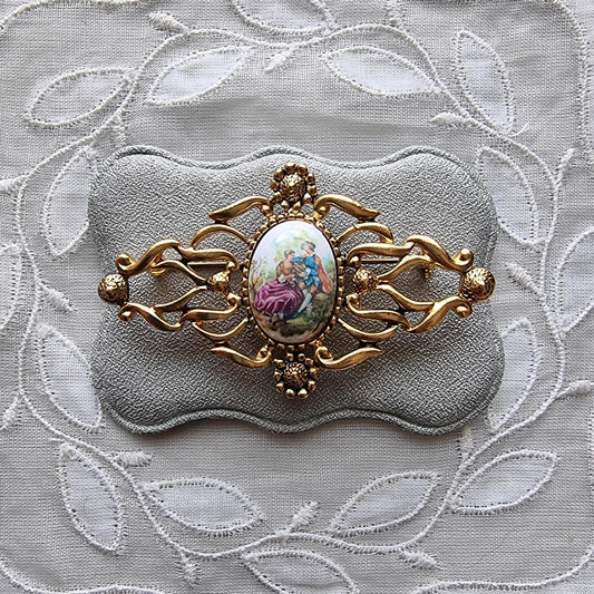 Brooch - Gold Ornate Frame Oval Painting Cabochon Brooch