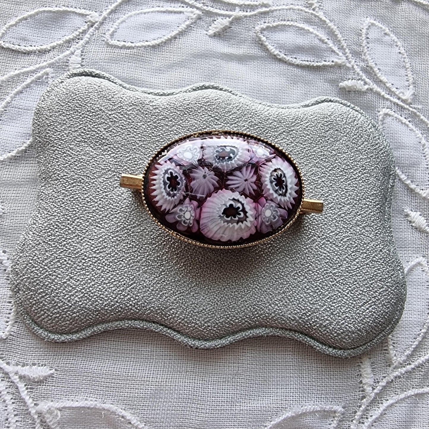 Brooch - Purple and White Milefiori Glass Cabochon Brooch