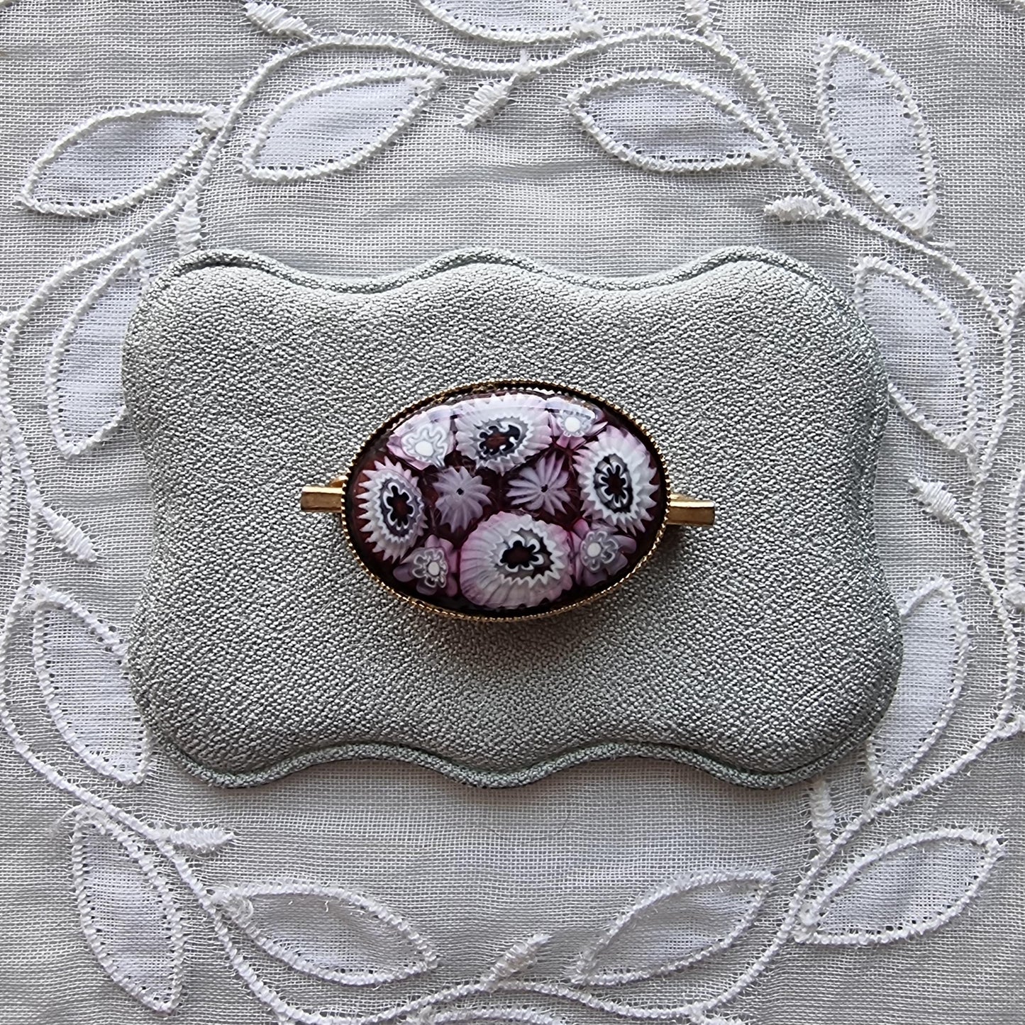 Brooch - Purple and White Milefiori Glass Cabochon Brooch