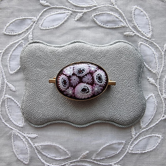 Brooch - Purple and White Milefiori Glass Cabochon Brooch