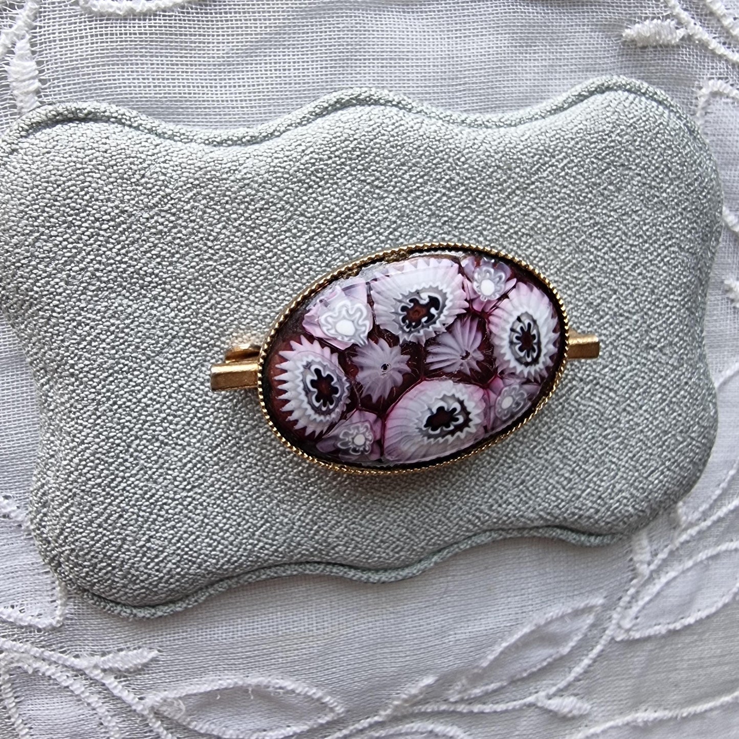 Brooch - Purple and White Milefiori Glass Cabochon Brooch