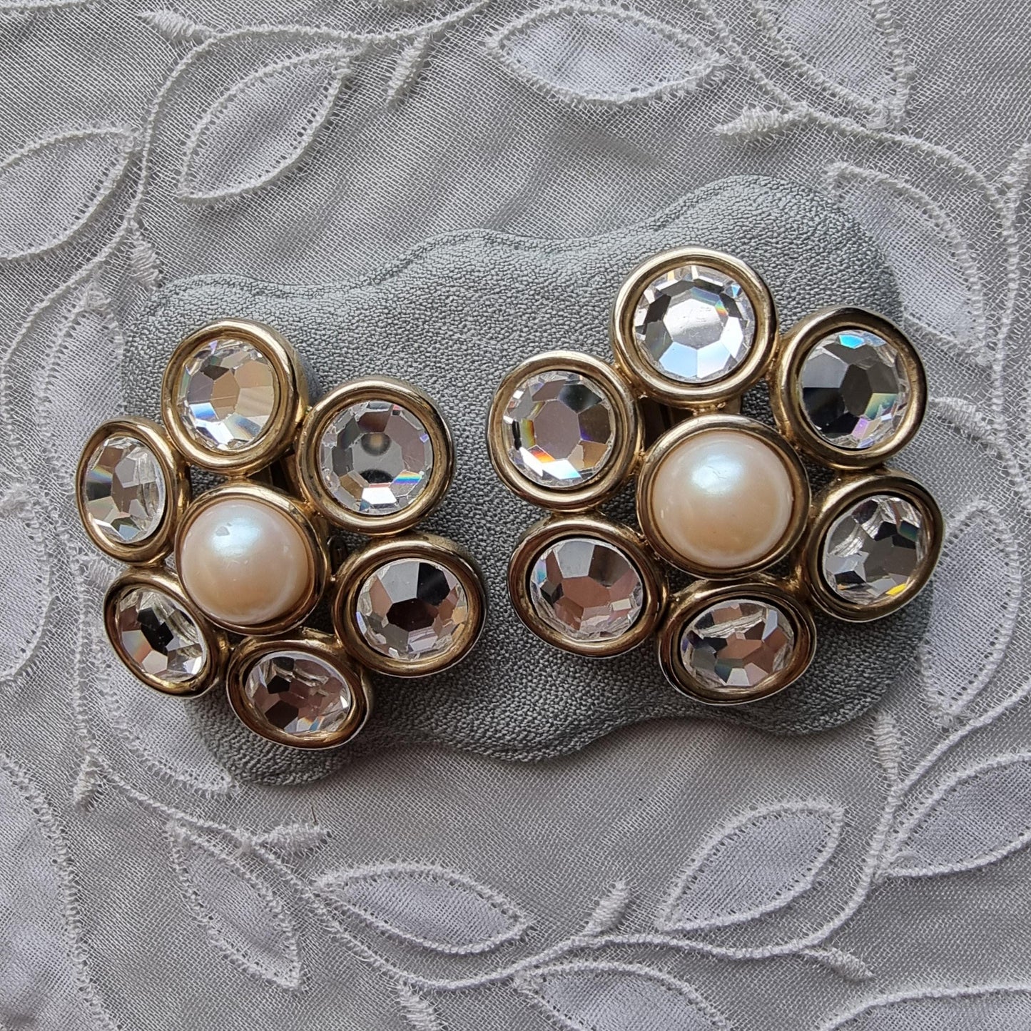 Clip on - Statement Pearl and Crystals Flower Clip on Earrings