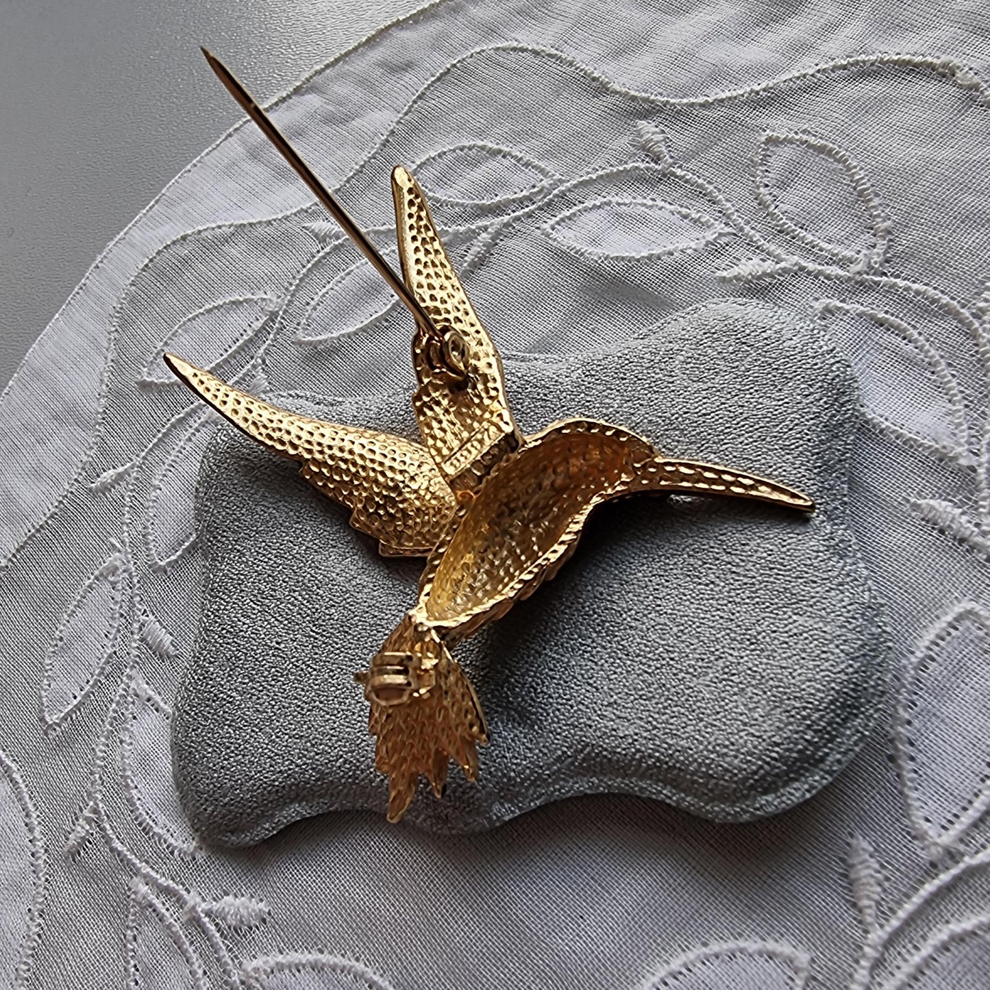 Brooch - Blue Enamel and Red and Green Crystals Hummingbird Brooch